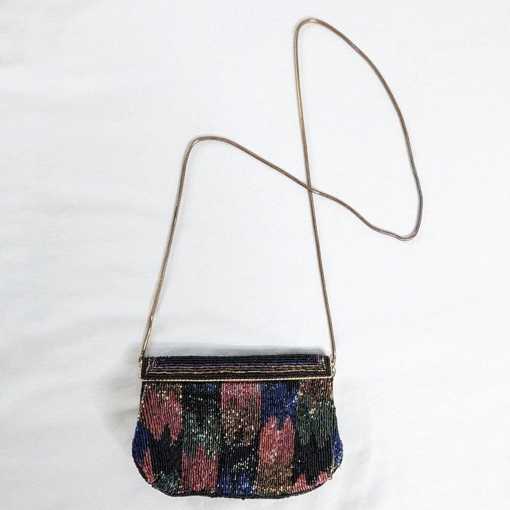 VTG Black Pink Beaded Clutch With Gold Crossbody Bag Strap